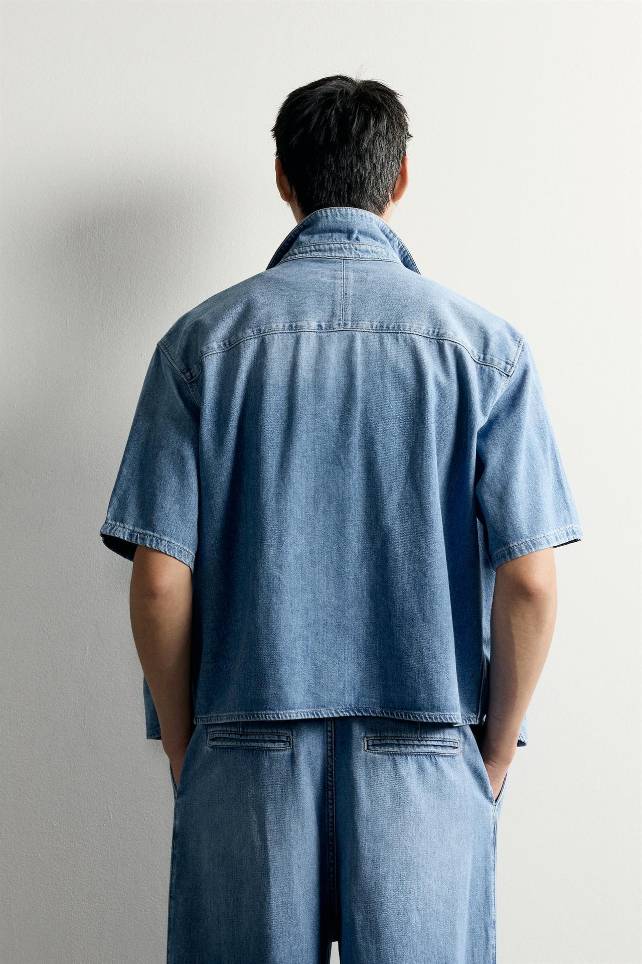 WASHED EFFECT DENIM SHIRT — Mid-blue