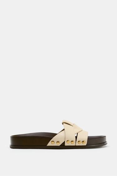 CRISS-CROSS FLAT LEATHER SANDALS - Ecru White by Zara