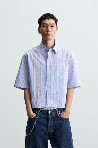 CAMISA CROPPED FIT RAYAS - Azul de Zara