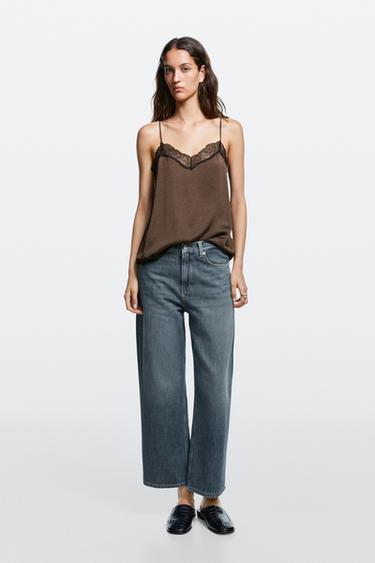 Jean wide leg cropped taille moyenne - Bleu moyen de Zara