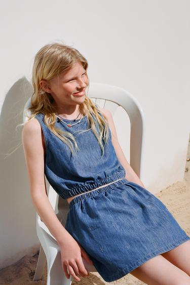 Zara EMBROIDERED FLORAL DENIM SKORT - Blue