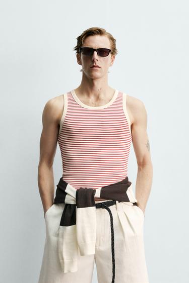 Zaras JACQUARD TANKTOP RANDIG X AARON LEVINE - Naturfärg/röd