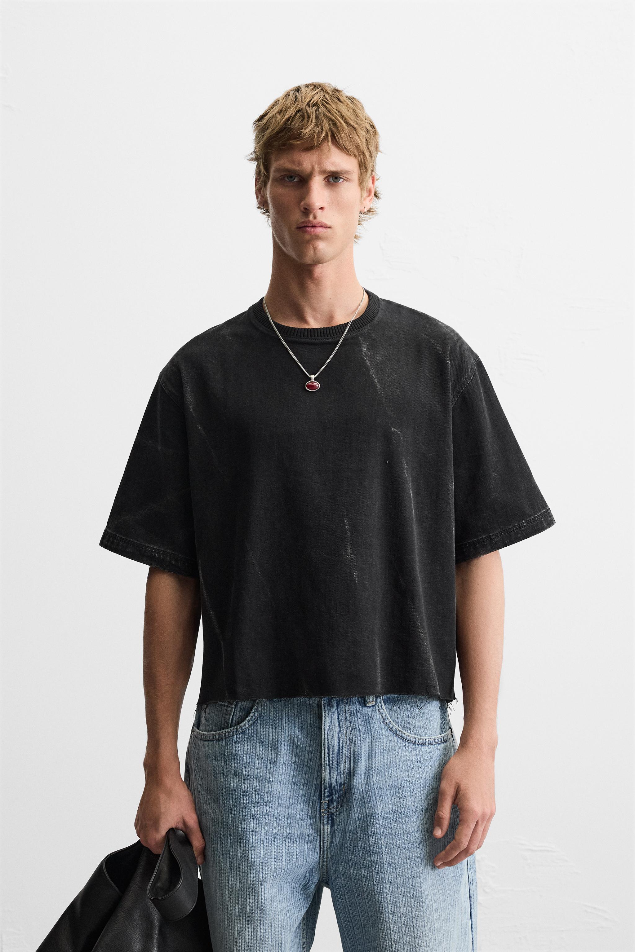【ZARA】クロップドフィットデニムTシャツ 8062/470/800 CROPPED FIT DENIM T-SHIRT - Black | ZARA United States