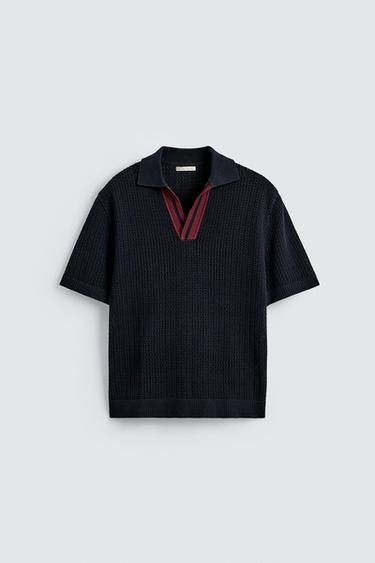 Zara 撞色紋理針織POLO衫 - 海藍色