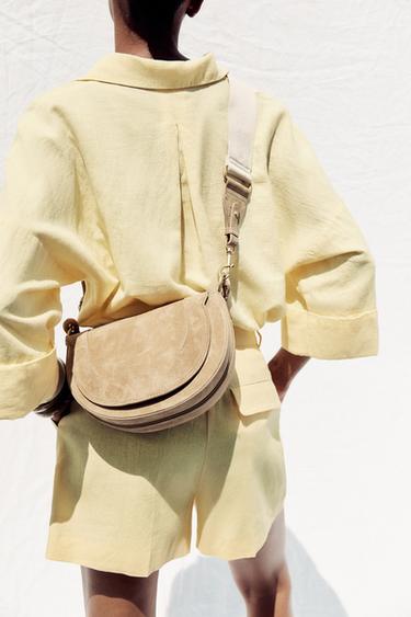 Zara DOUBLE HANDLE LEATHER CROSSBODY BAG - SAND/BROWN