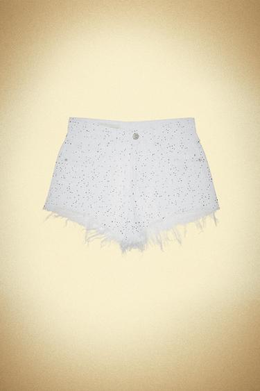 Zara TRF CURVED STRASS HIGH-WAIST DENIM SHORTS - White