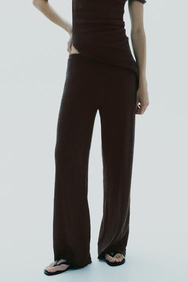 Zara TEXTURED WIDE LEG PANTS - Dark brown