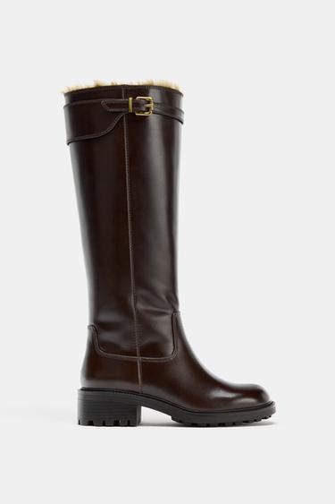WATER REPELLENT LEATHER BUCKLE BOOTS - Brown by Zara
