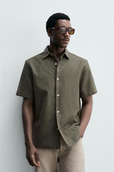 Zara TEXTURED LINEN - COTTON SHIRT - Dark olive