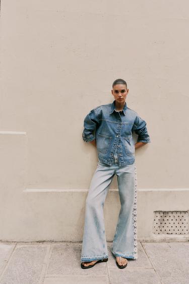JEANS Z1975 WIDE LEG بخصر عال ممزوج بكروشيه - أزرق وسط by Zara
