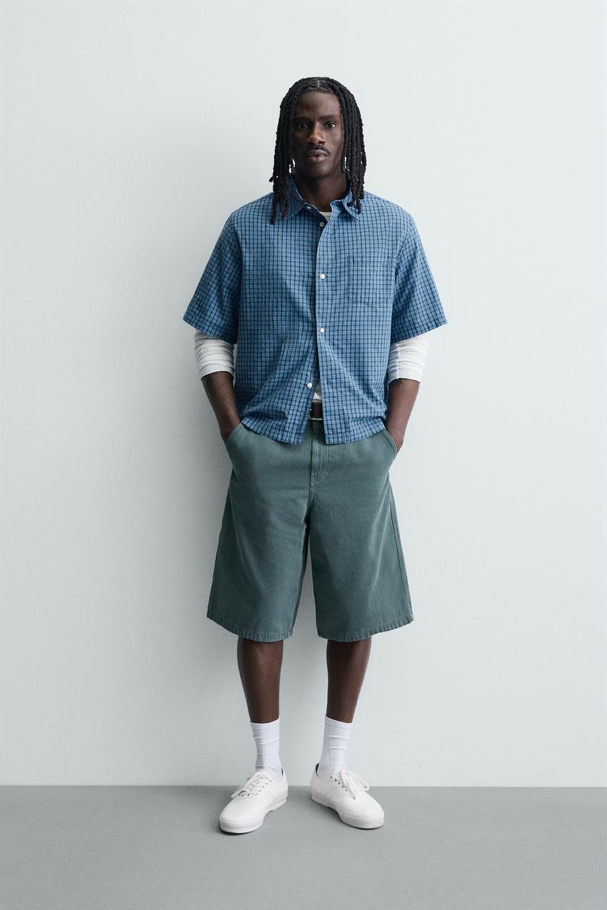 Zara - Boxy Fit Plaid Shirt - Blue - Xl - Man