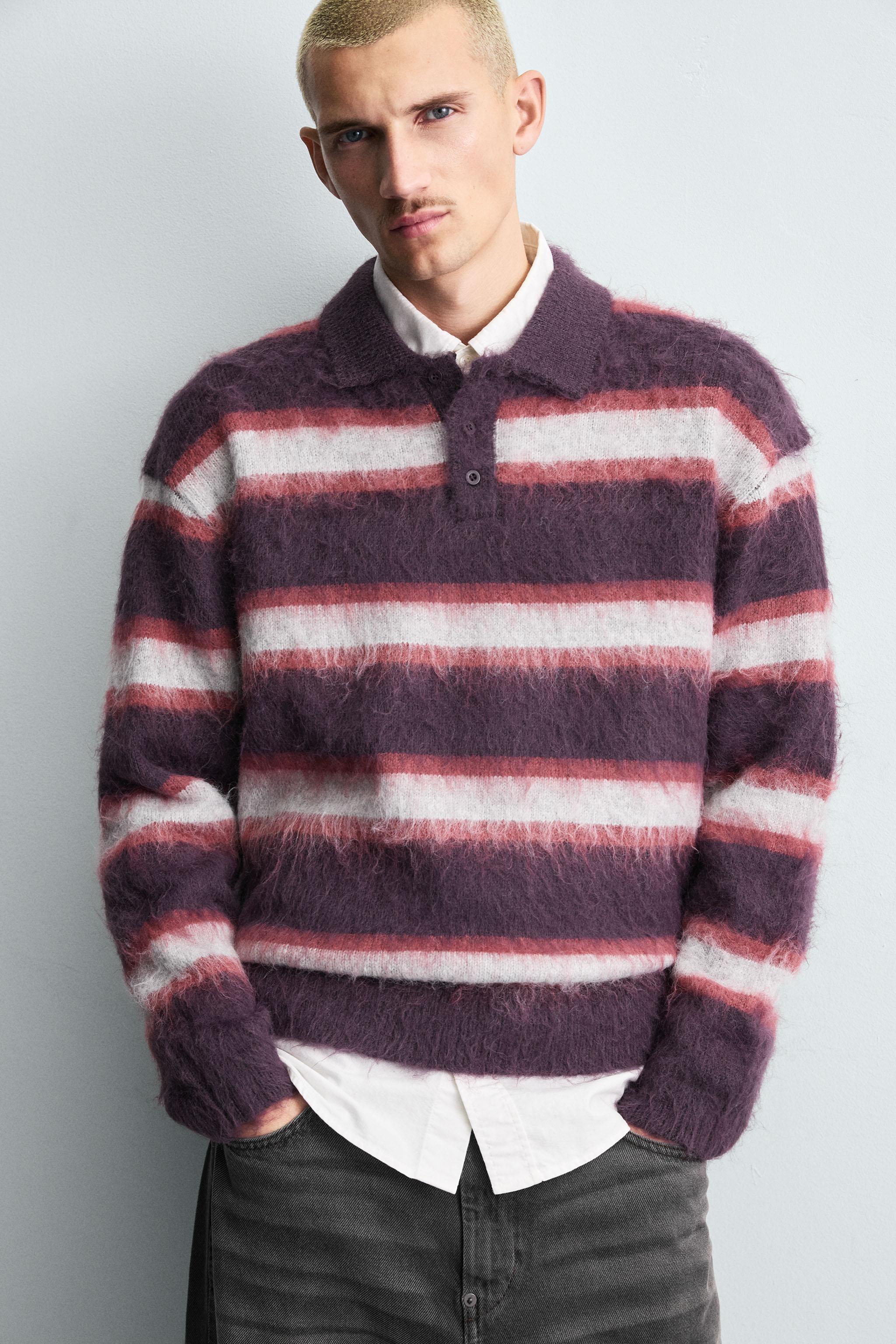 BRUSHED STRIPED KNIT POLO SHIRT