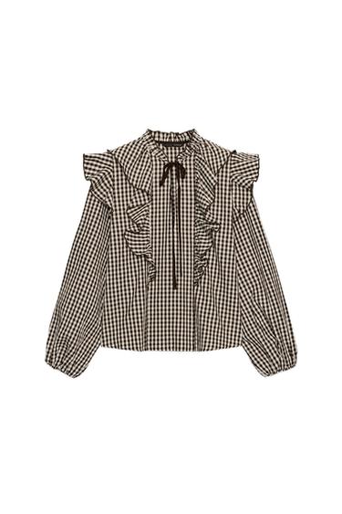 Zara PLAID RUFFLED TIE BLOUSE - Brown / Ecru - Image 0
