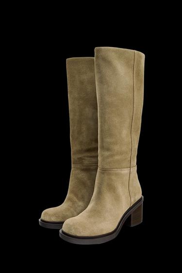 Zara HEELED SUEDE KNEE HIGH BOOTS - Taupe Gray