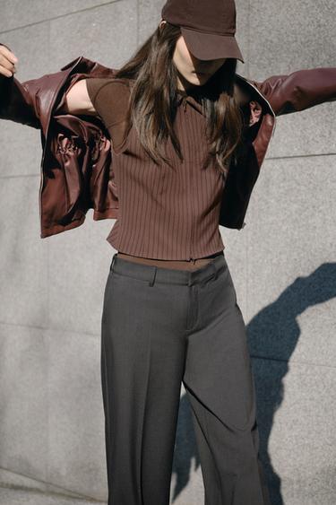 ストライプ柄ジップアップベストブラウン/ エクリュZaraのストライプ柄ジップアップベスト - ブラウン/ エクリュ 