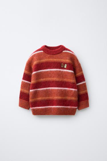 STRIPED EMBROIDERED KNIT JUMPER - Intense red by Zara