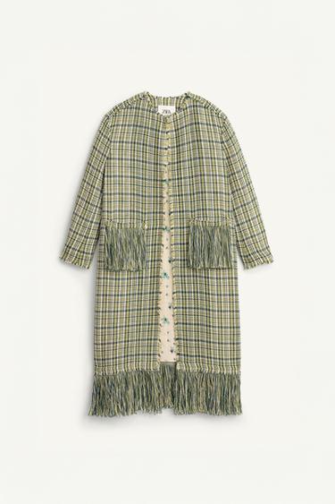 Zara LIMITED EDITION FRINGED TEXTURED COAT - Green
