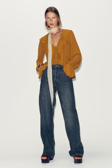 Zara FLOWY RUFFLED TOP - Olive green - Image 0