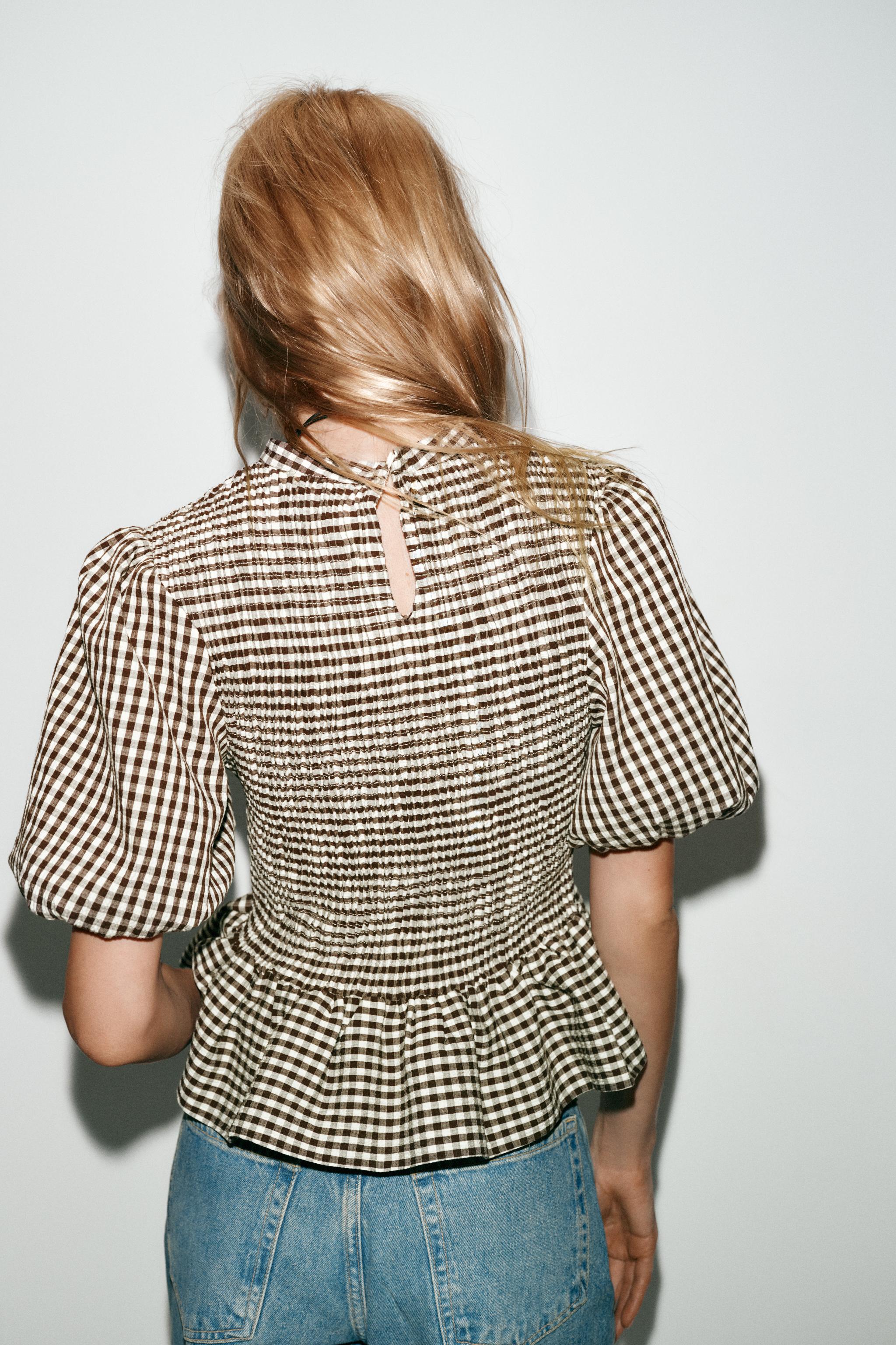 ZARA ギンガムチェック柄スモッキング加エトップス 　XS ZARA新作 ギンガムチェック柄 スモッキングトップス - メルカリ