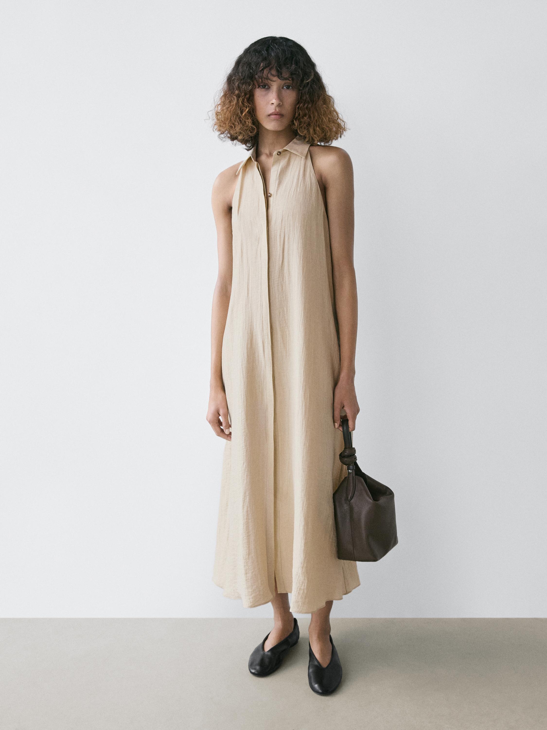 Linen blend polo collar midi dress