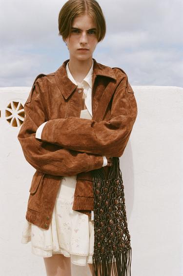 Zara 100% SUEDE BOMBER JACKET WITH POCKETS - Dark camel