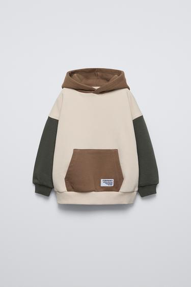 Zara BLOCK COLOR HOODED SWEATSHIRT - Ecru / Brown