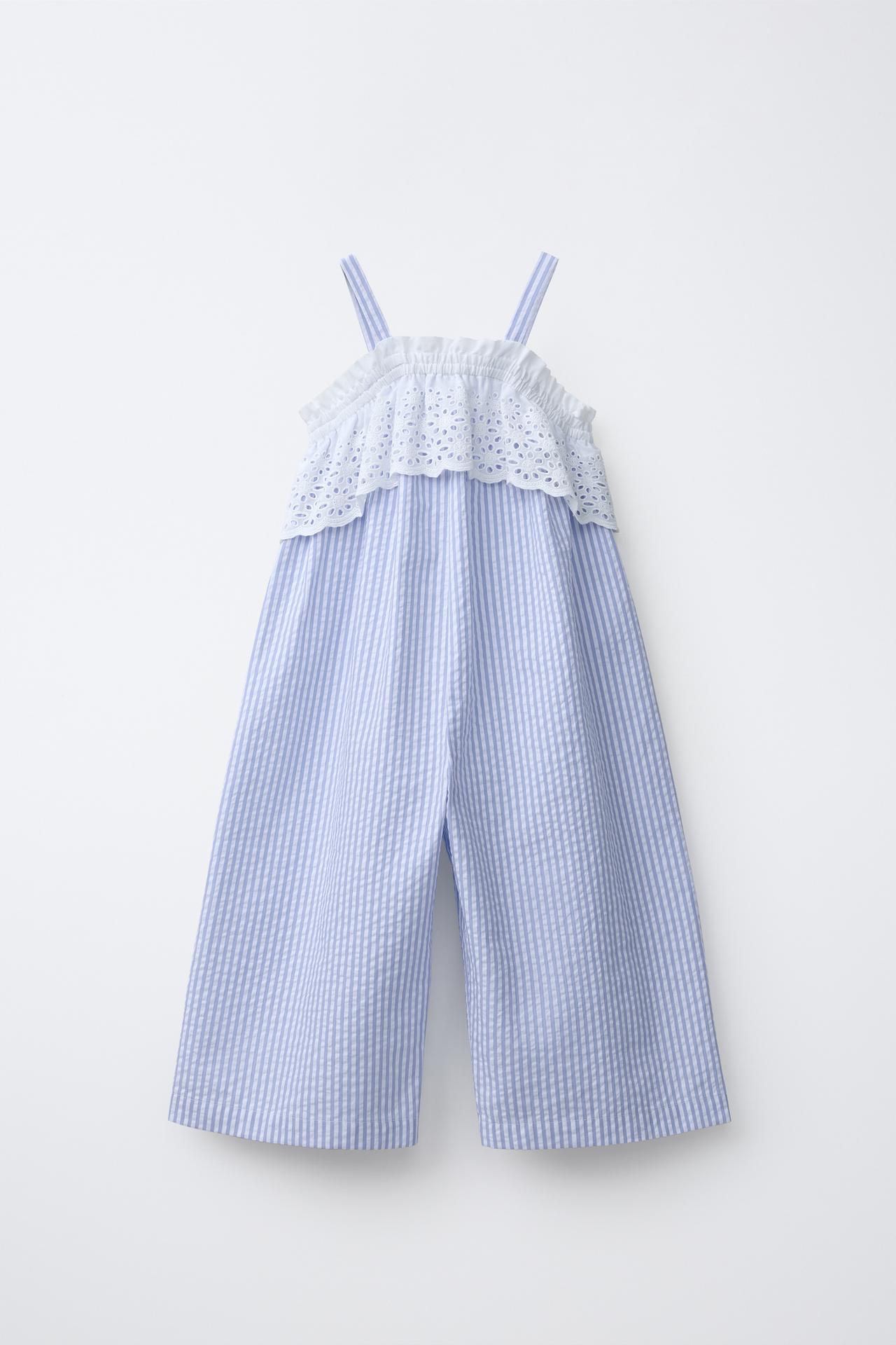 COMBINATION STRIPED AND SWISS EMBROIDERED JUMPSUIT — Light blue