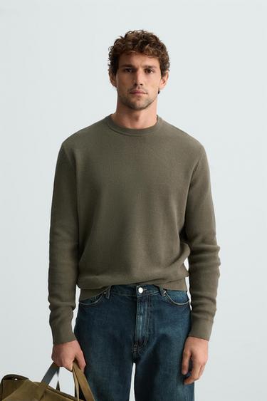 Zara BASIC TEXTURED SWEATER - Dark tan