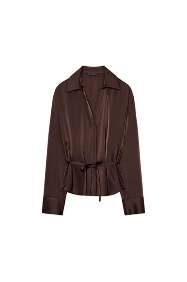Zara BELTED SATIN EFFECT BLOUSE - Chocolate brown
