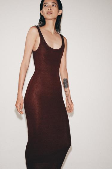 Zara RUSTIC MIDI DRESS - Brown