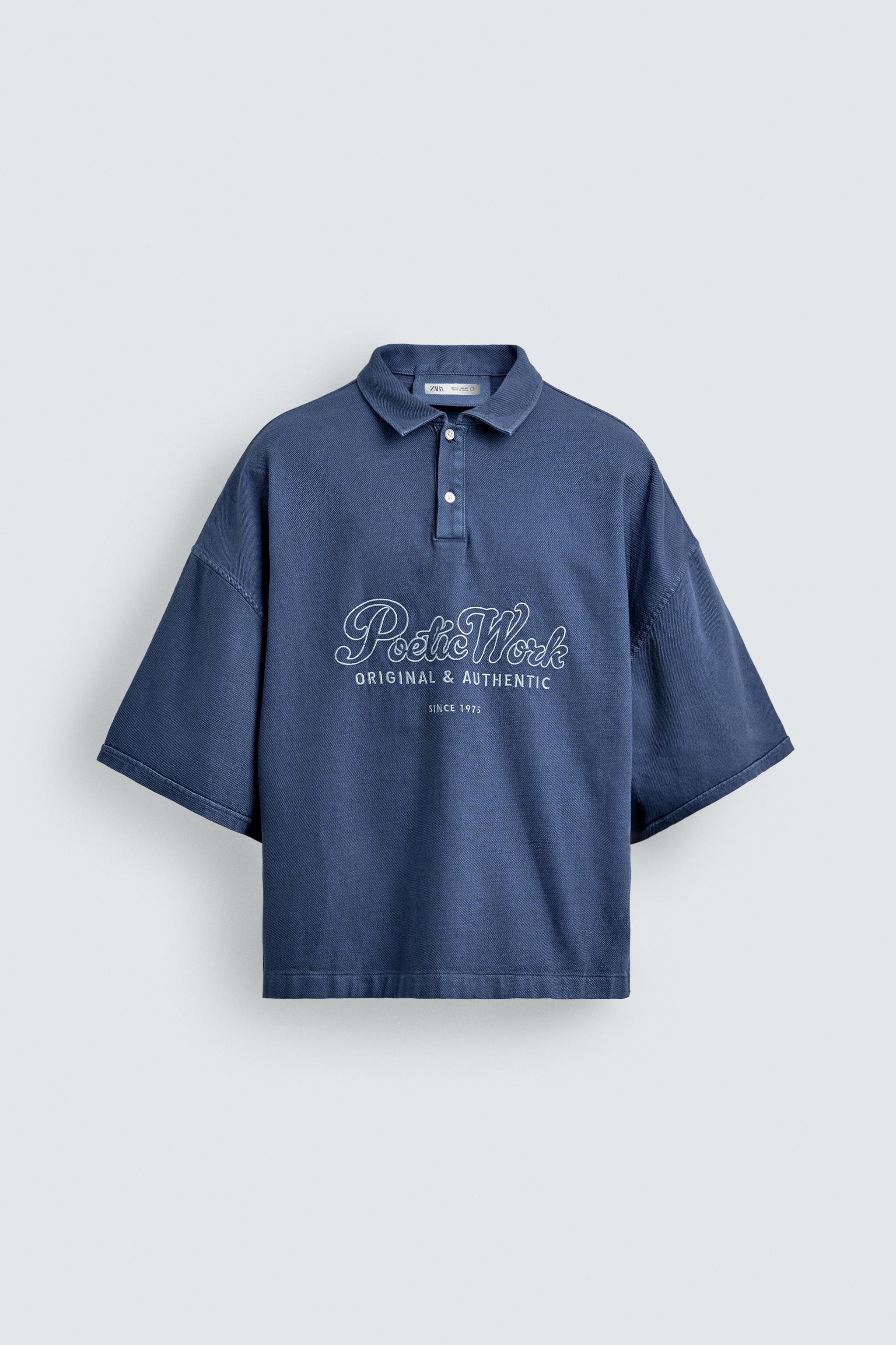 BOXY FIT POLO SHIRT WITH EMBROIDERED TEXT - Blue / Grey | ZARA India