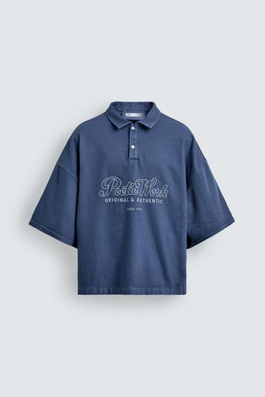 ПОЛО СВОБОДНОГО КРОЯ С ВЫШИВКОЙ — СЕРО-СИНИЙ от Zara