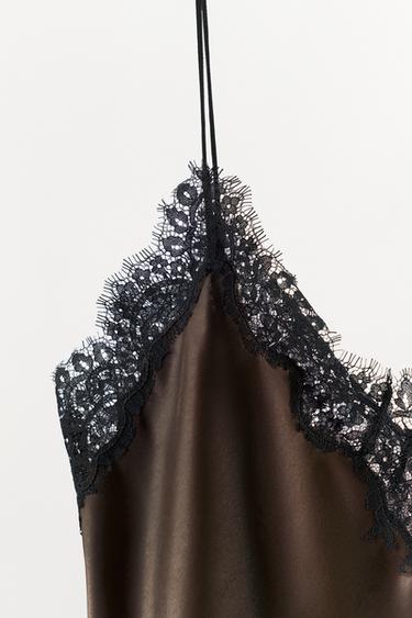 SATIN TOP WITH CONTRAST LACE - GREEN by Zara - Image 4