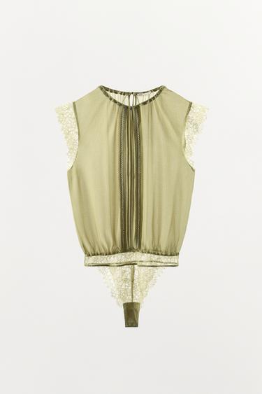BODY BLOUSE EN GEORGETTE ET DENTELLE - Vert de Zara - Image 3