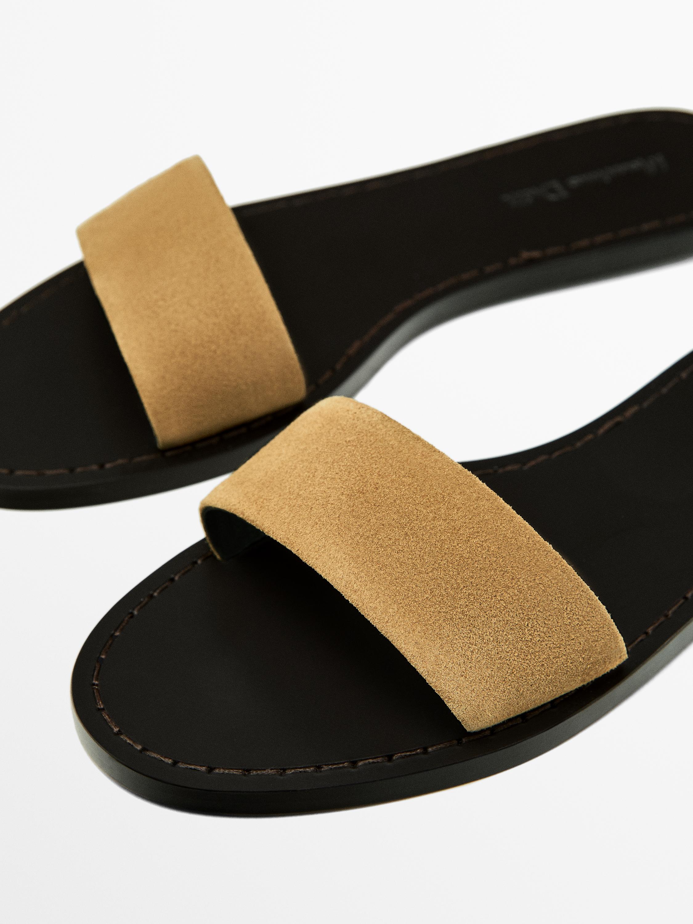 Slider sandals with split leather strap - taupe brown | ZARA Canada