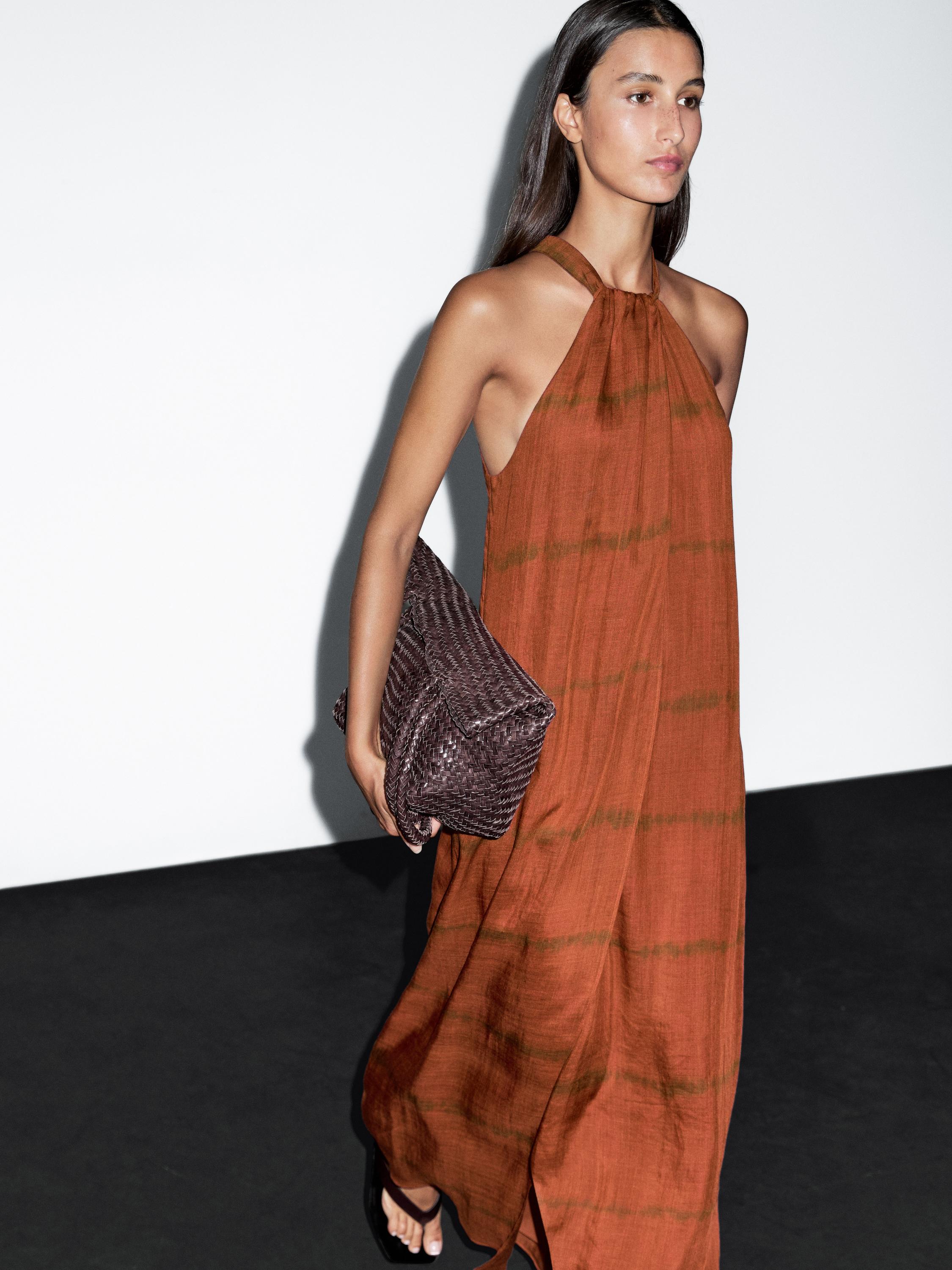Robe longue encolure américaine imprimé à rayures