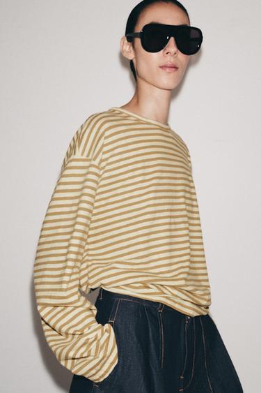 Zara STRIPED COTTON AND LINEN T-SHIRT - Beige / Taupe brown