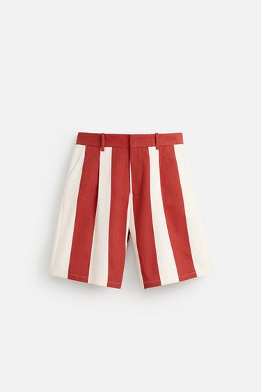 BERMUDA RAYAS PLIEGUES - Blanco / Rojo de Zara