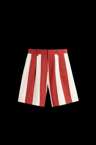 Zara PLEATED STRIPED SHORTS - White / Red