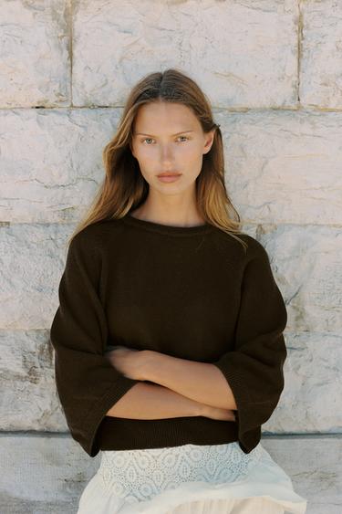Zara WIDE SLEEVE KNIT SWEATER - Brown