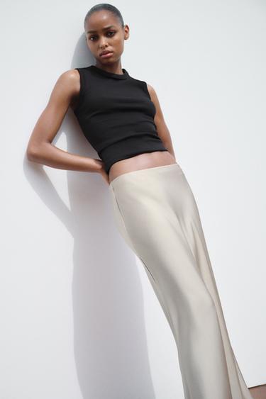 ROK MIDI LAPISAN SATIN - Abu-abu / Beige dari Zara