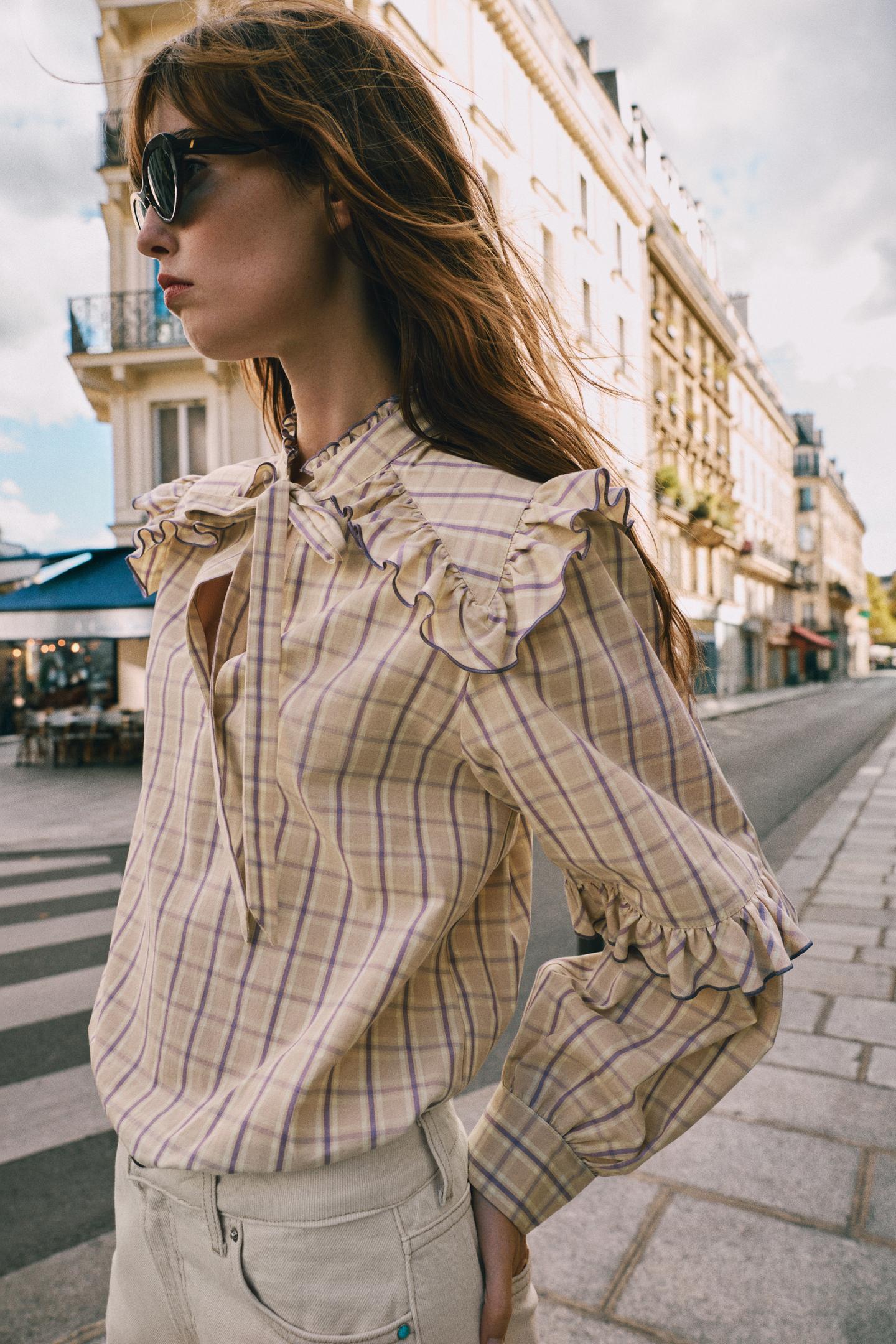 Женская блузка Zara Plaid Ruffle Blouse, цвет: Розовато-лиловый — фото 4