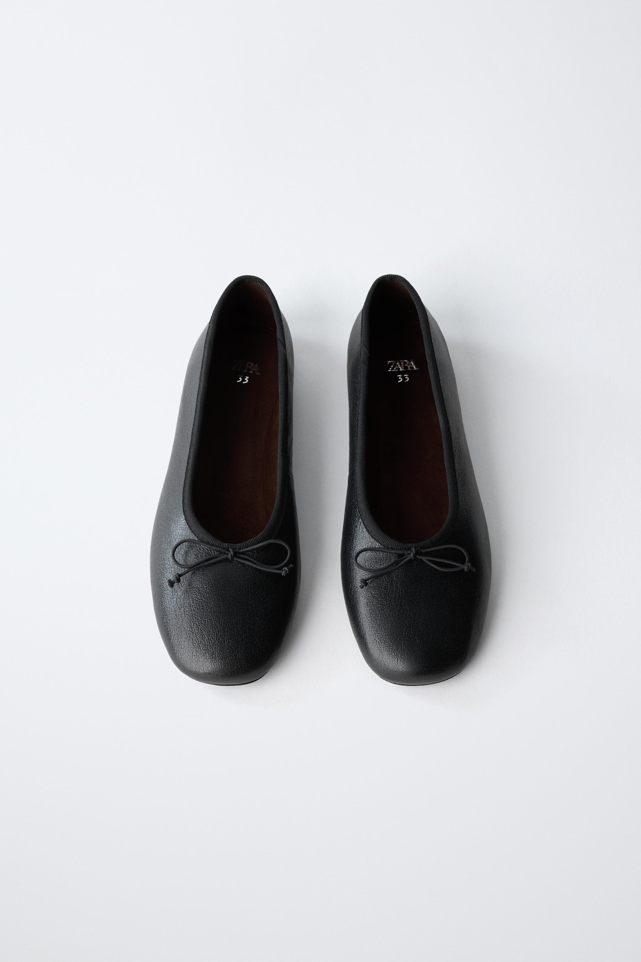 リボン付きブラックレザーフラットシューズ レザーリボンフラットシューズ - ブラック | ZARA Japan / 日本