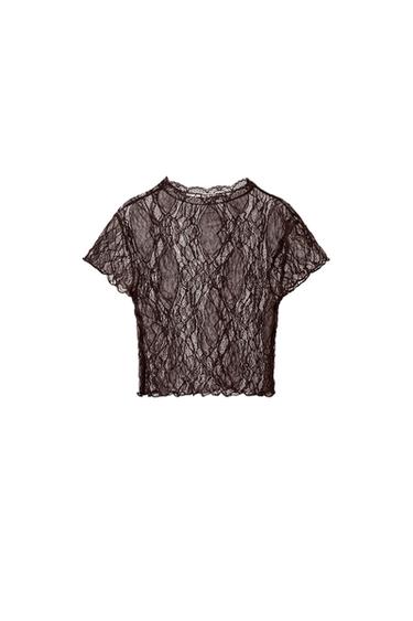 LACE CROP TOP - Dark brown by Zara