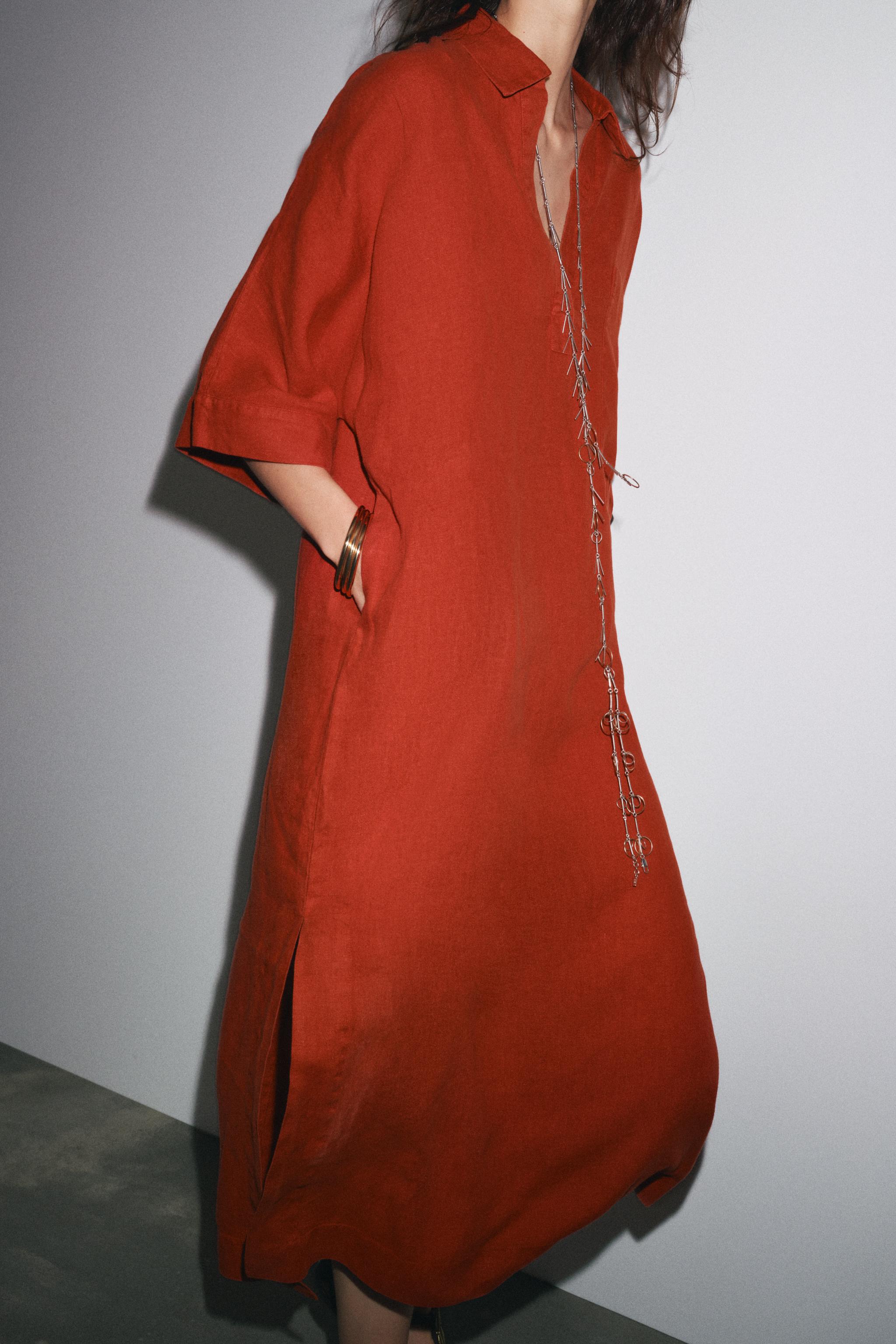 【ZARA】100%リネン製のチュニックワンピース 2731/078/701 ZW COLLECTION 100% LINEN TUNIC DRESS - Brick | ZARA United