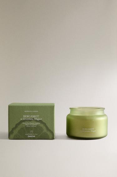 (240 G) VELA AROMÁTICA BERGAMOT & GERANIUM, MUGUET - Verde / Hierba de Zara
