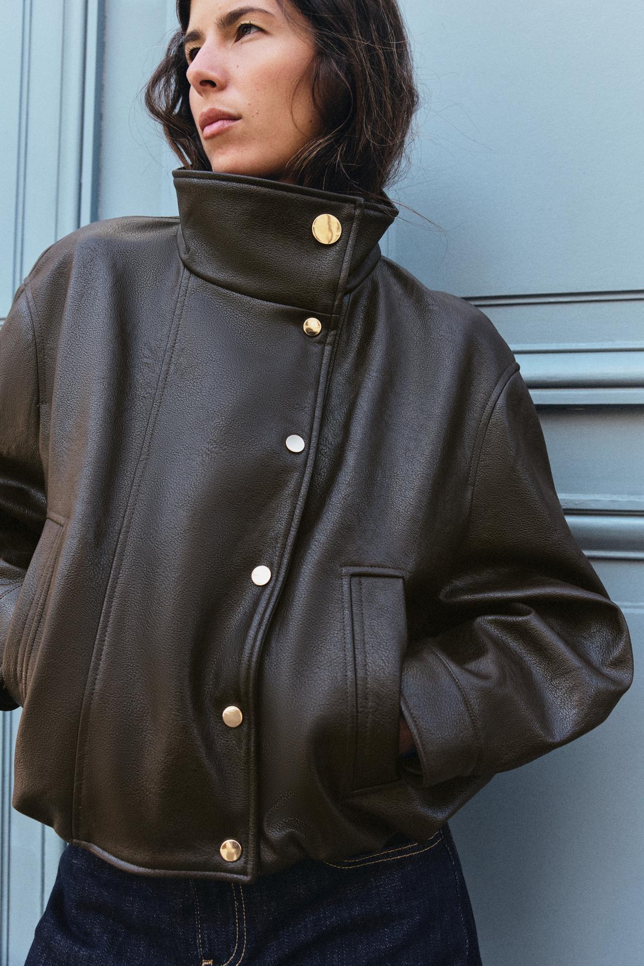 FAUX LEATHER HIGH-NECK BOMBER JACKET — Brown