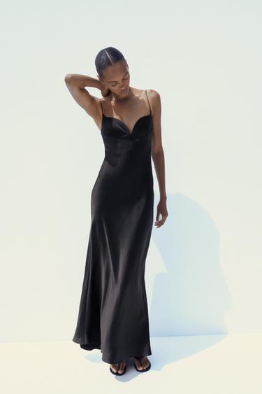 Zara SATIN LONG DRESS - Black - Image 0