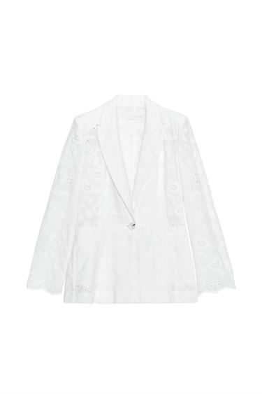 Zara EMBROIDERED PERFORATED SHOULDER PAD TAILORED BLAZER - White