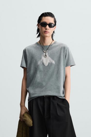 Zara WASHED FLY PRINT T-SHIRT - Gray